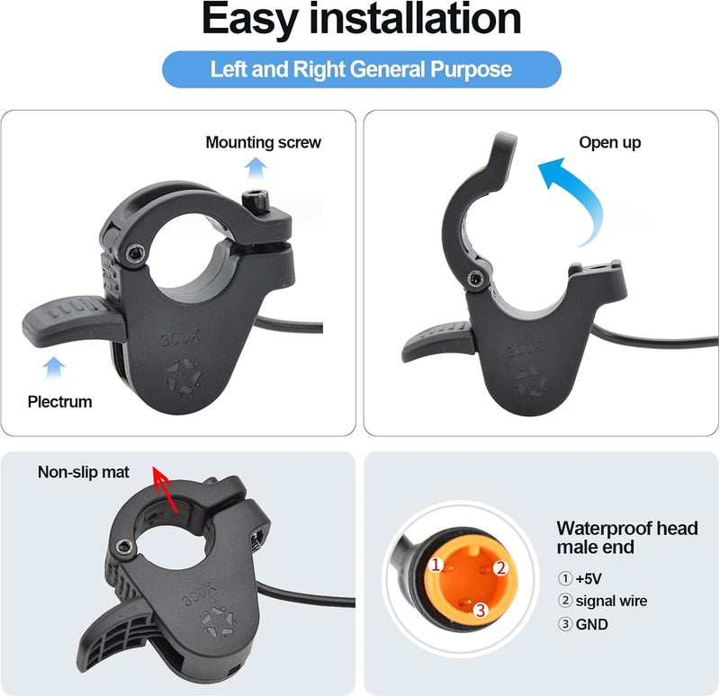 HUSETOO Electric Throttle 300X Thumb Throttle for 7/8inch 22mm Left and Right Handlebars 12v 24v 36v 48v 60v 72v Electric E-Bikes (M8 Waterproof Plug) - Image 3